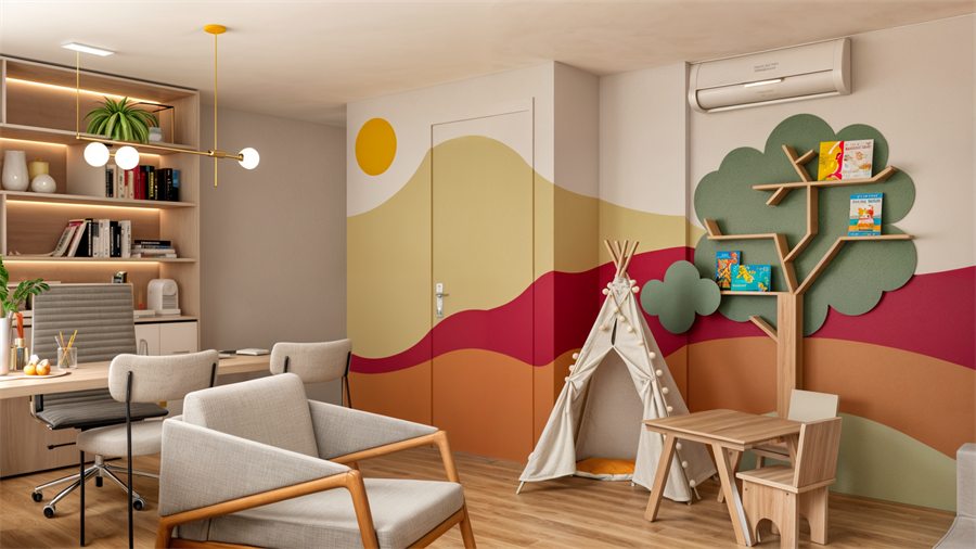 Brinquedoteca com mural colorido em ondas, cabana de tecido e estante em forma de árvore.