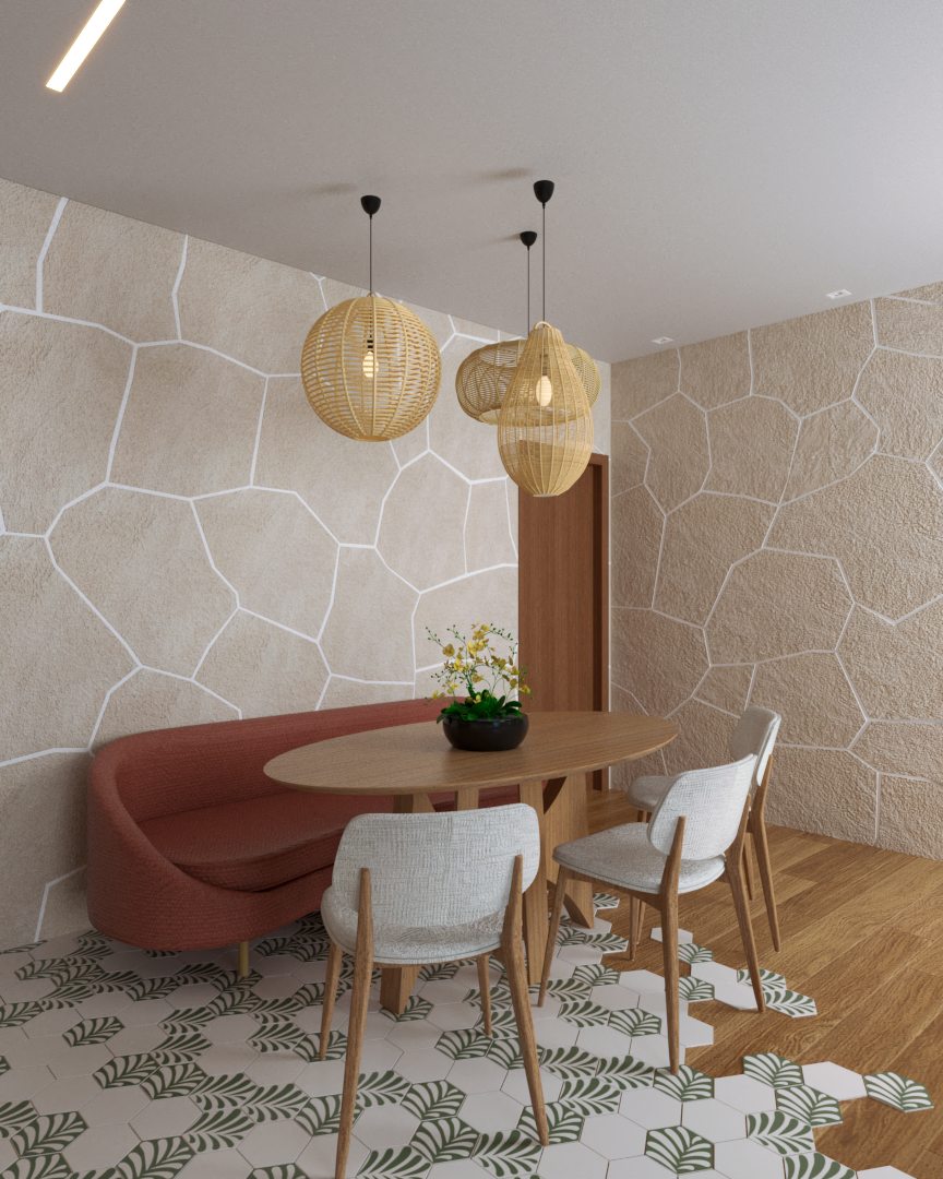 Sala de jantar com parede texturizada, pendentes de palha e banqueta curva bordô.