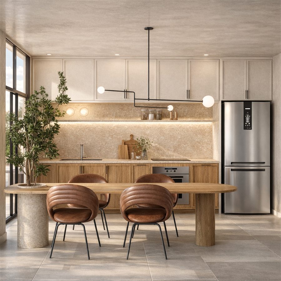 Cozinha em travertino com mesa oval, cadeiras de couro e caixilhos pretos.
