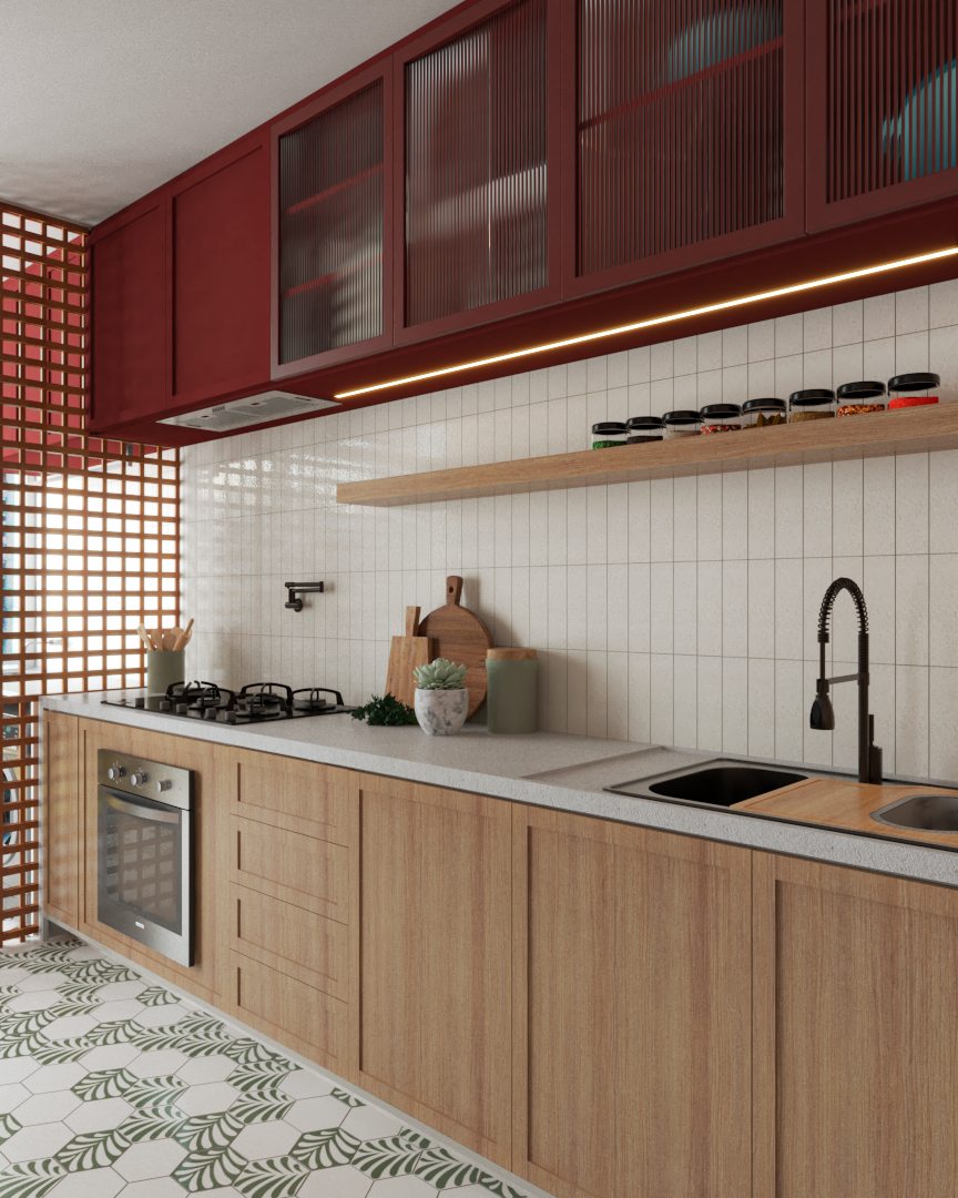 Cozinha com armários superiores em bordô, azulejo branco e piso hidráulico.