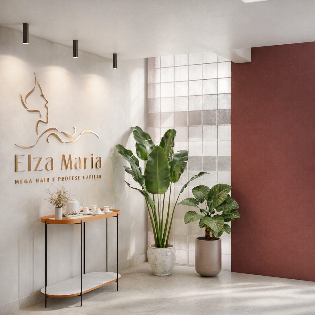Recepção do salão Elza Maria com parede terracota, tijolo de vidro e aparador curvo.