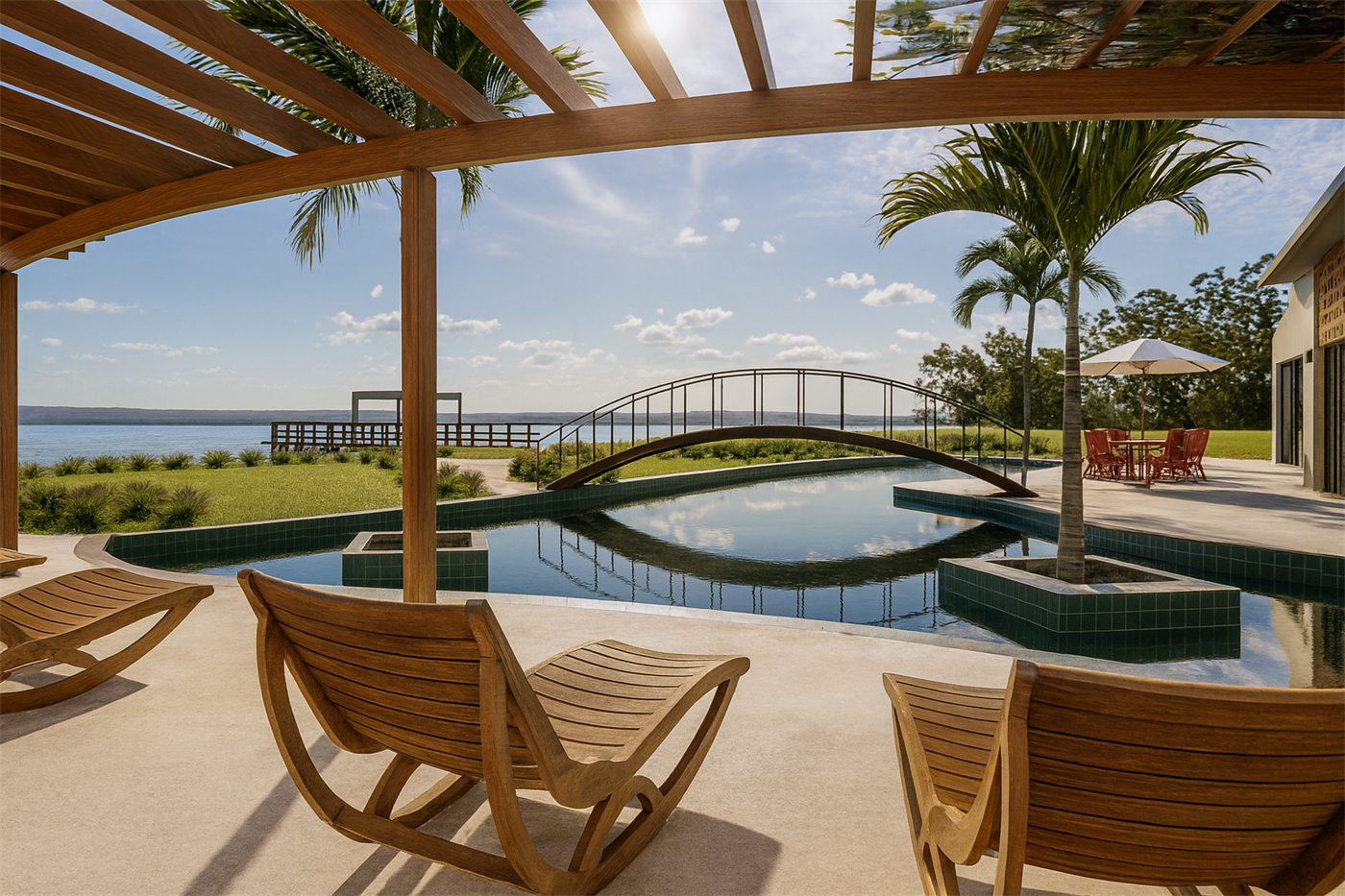 Área de lazer entregue: piscina, pergolado de madeira e vista para a represa.